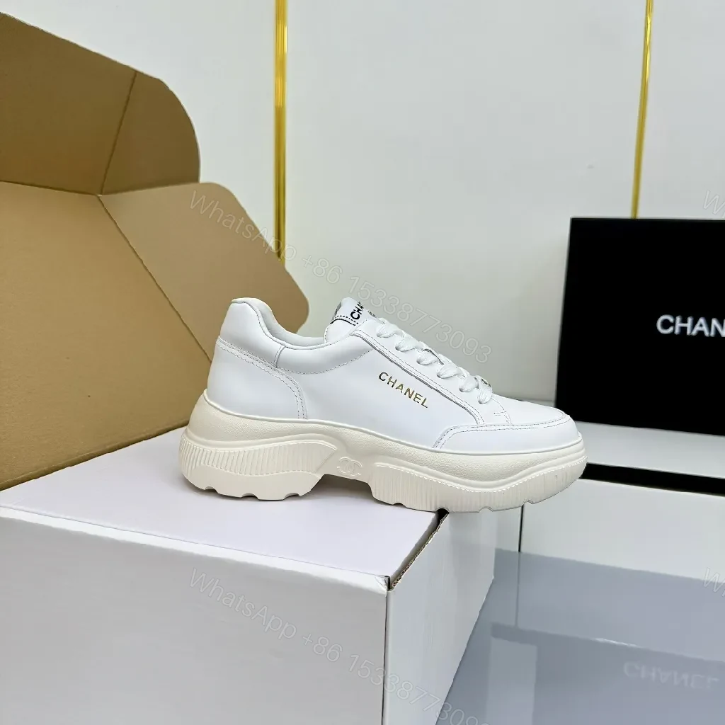 View 9 of White Leather Platform Sneaker with Subtle Chanel-Inspired Detail