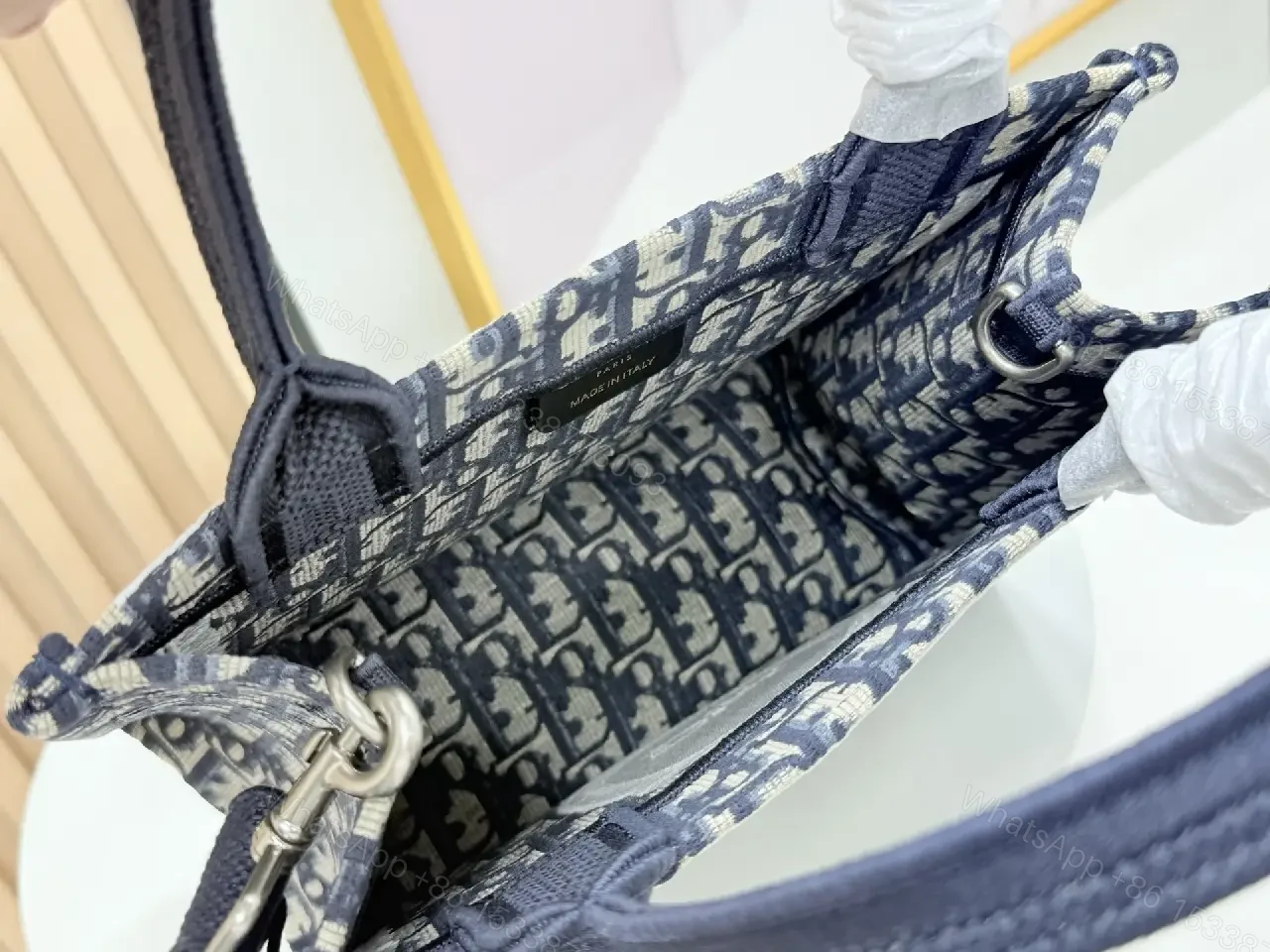 View 8 of Chic Monogram Weave Structured Handbag, Navy Cream
