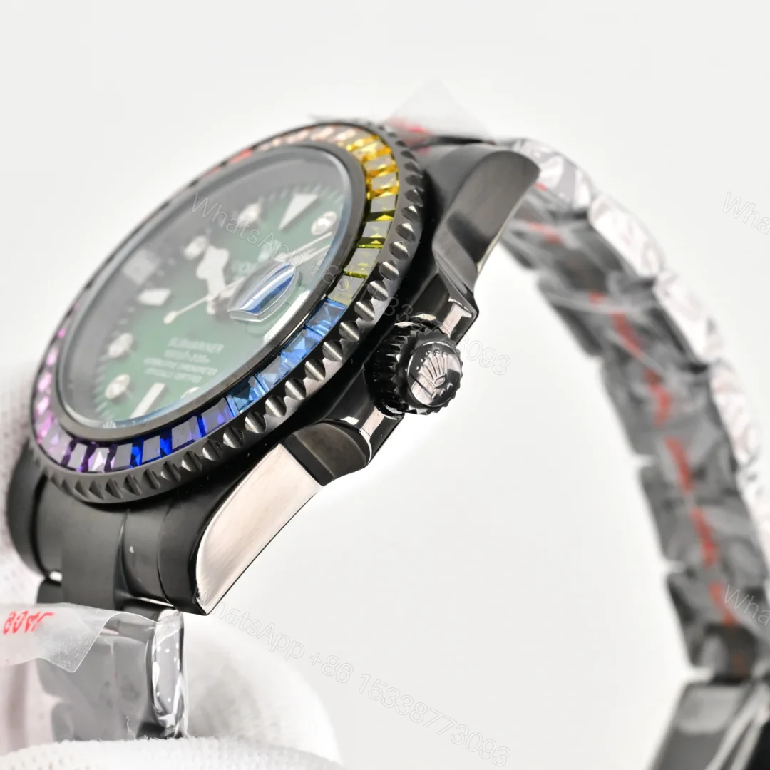 View 3 of Rolex Submariner Rainbow Bezel Replica 40MM Exclusive Green Dial Black Oyster Bracelet RG-ROLEX-SUB-RAINBOW-GREEN-40