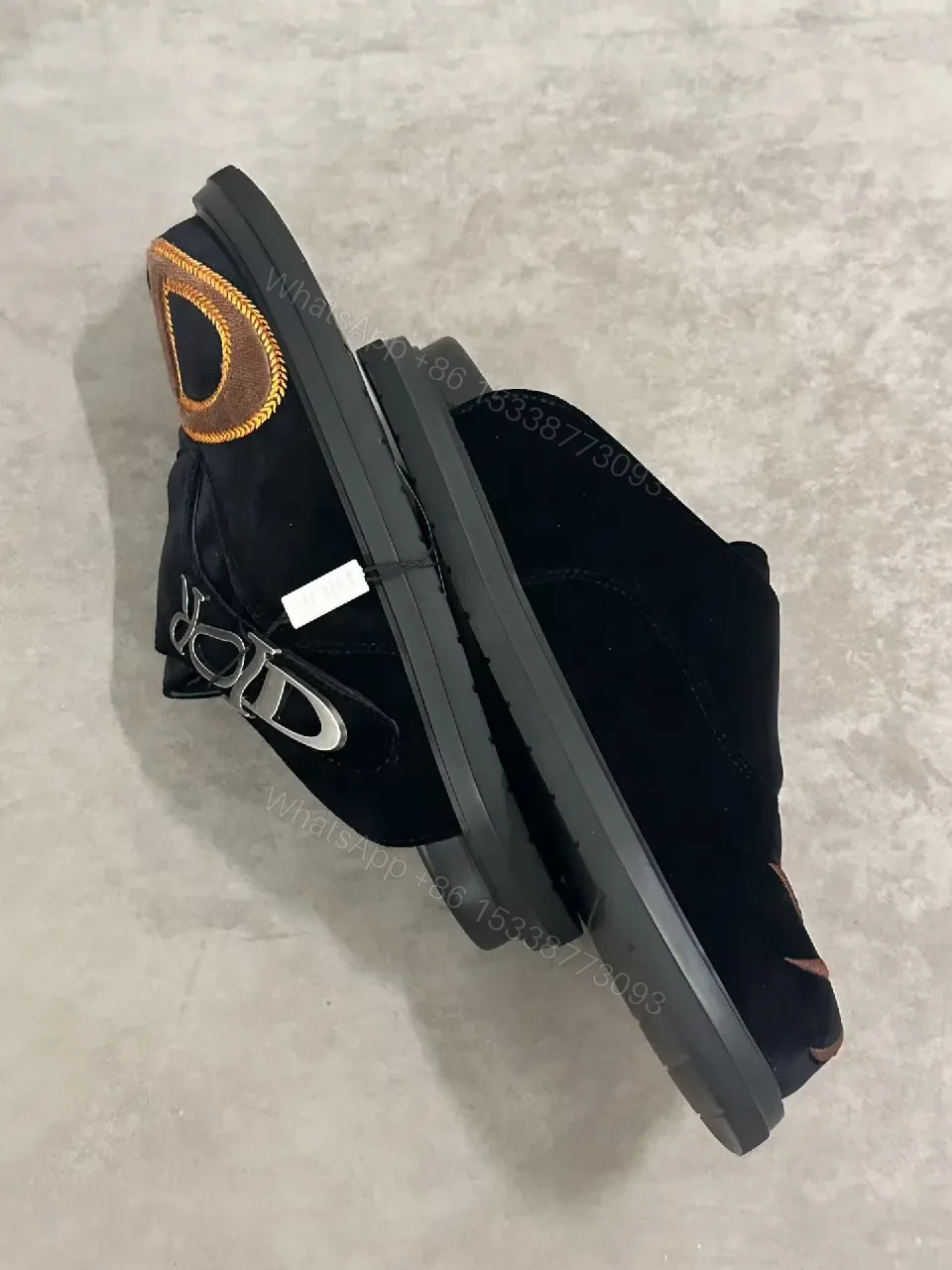 View 9 of Black Velvet Suede Modern Iconic D Logo Sandals