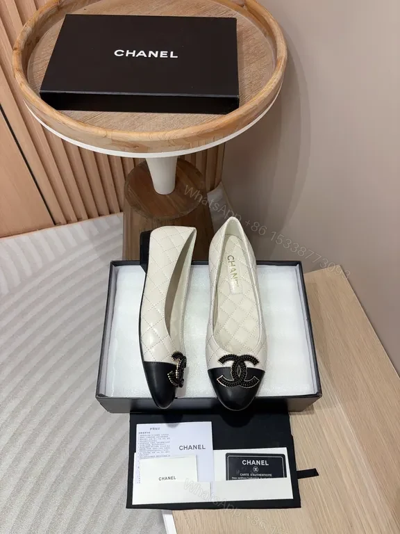 View 9 of Chanel-Style Quilted Two-Tone Flats with Logo