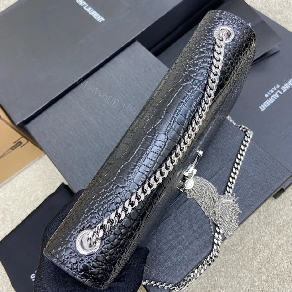 View 2 of Crocodile-Textured Leather Crossbody with Logo Clasp