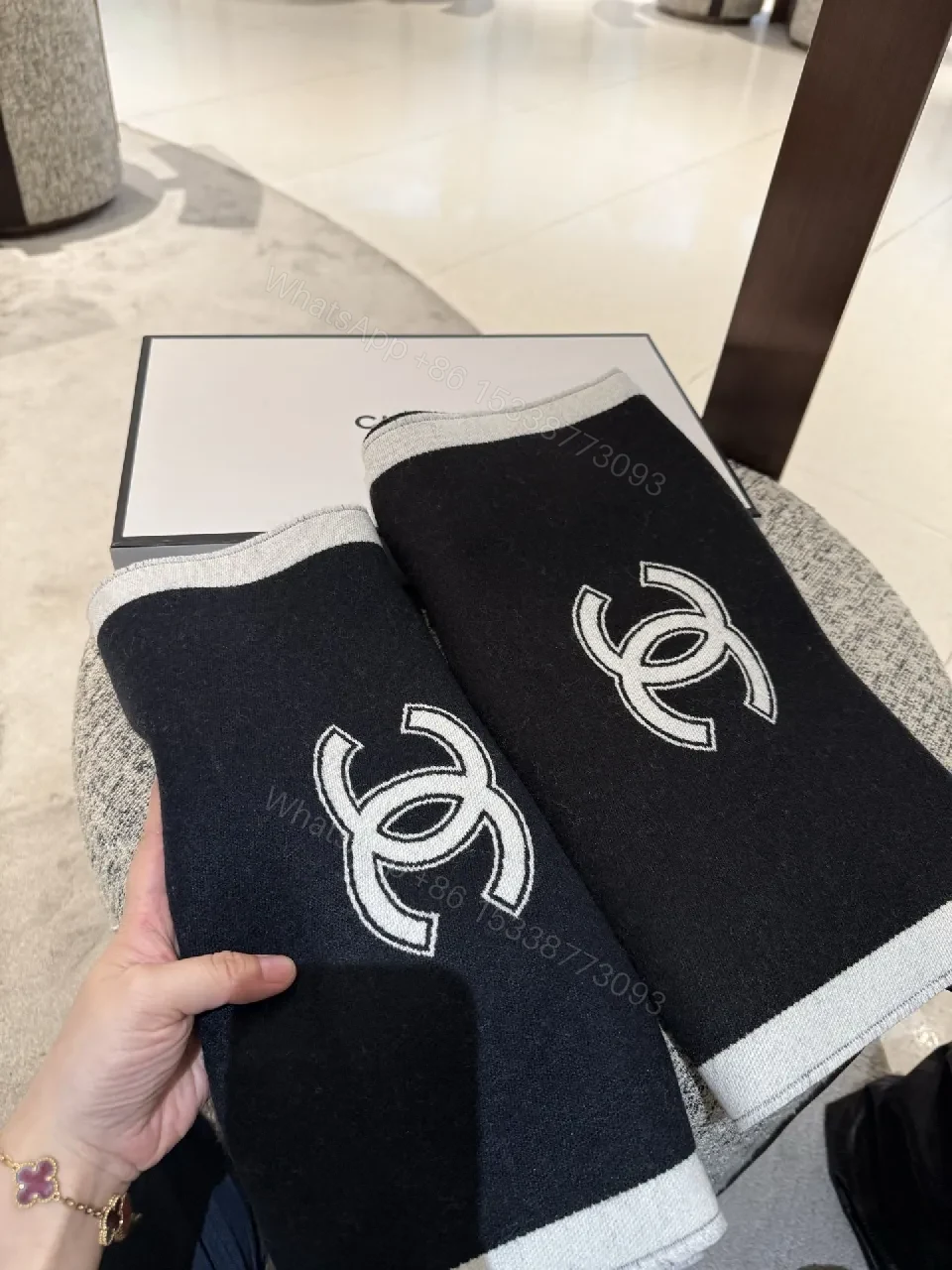 View 2 of Monochrome Knit Scarf: Two-Tone Luxe, Fringed Edge, Logo Motif