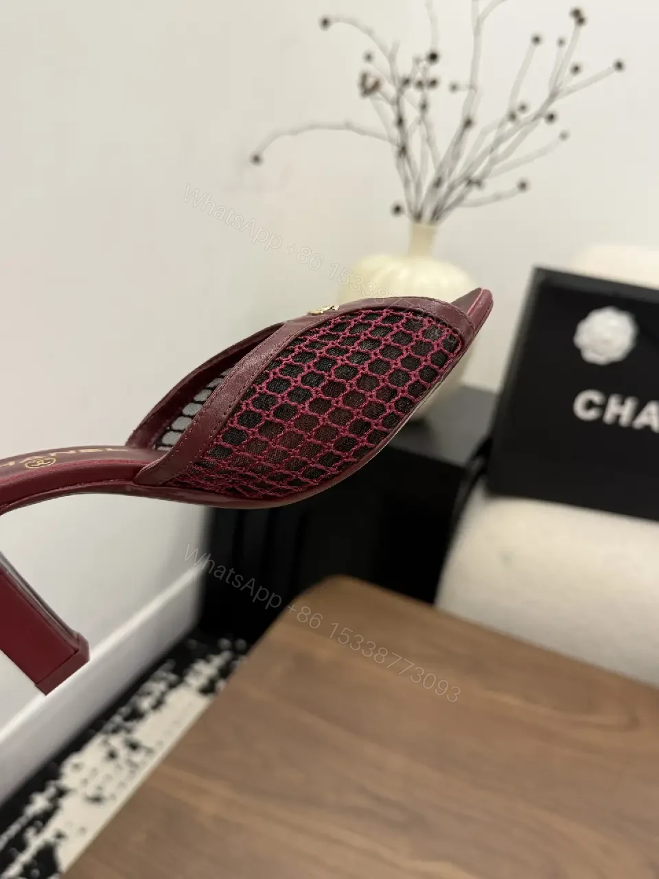 View 7 of Red Leather Mesh Heel Sandals Classic Chanel Style Mid Heel Sandal