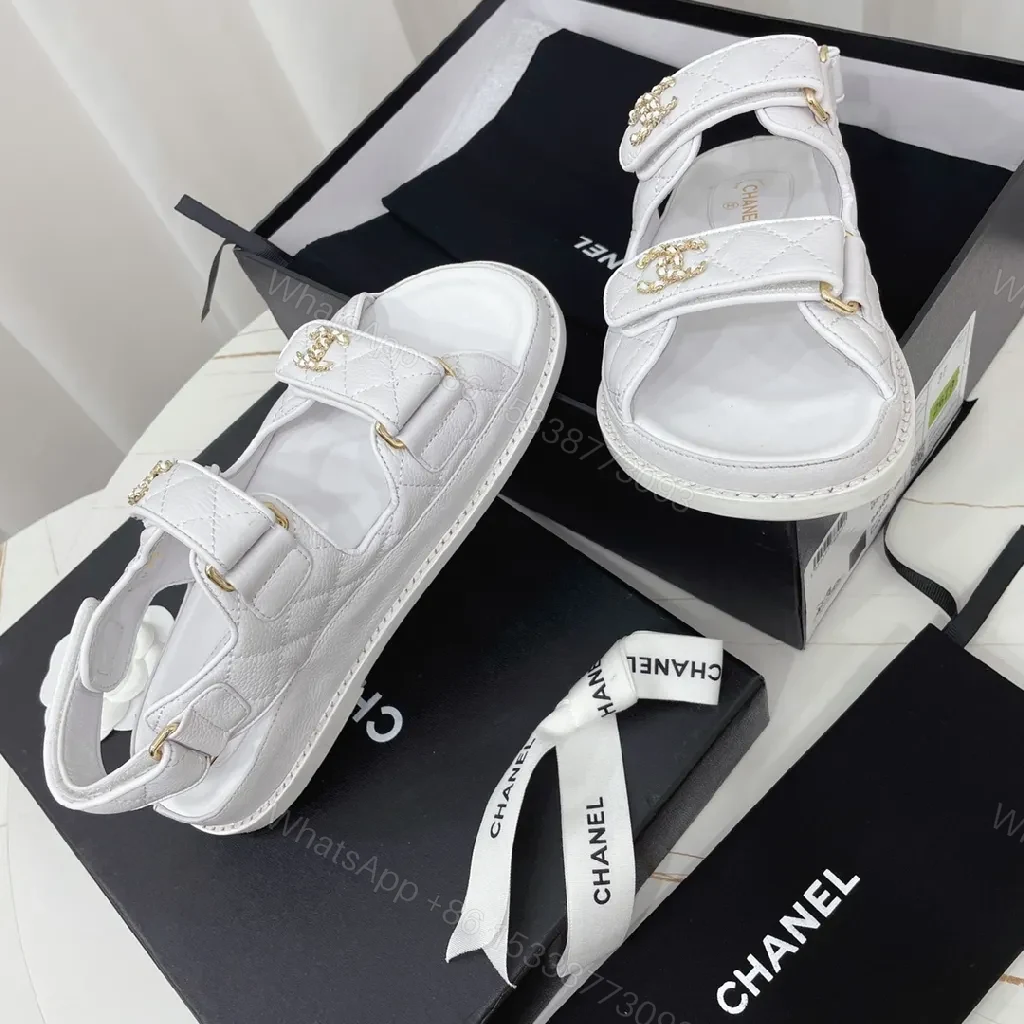 View 3 of White Quilted Leather Sandals with Gold Logo Hardware