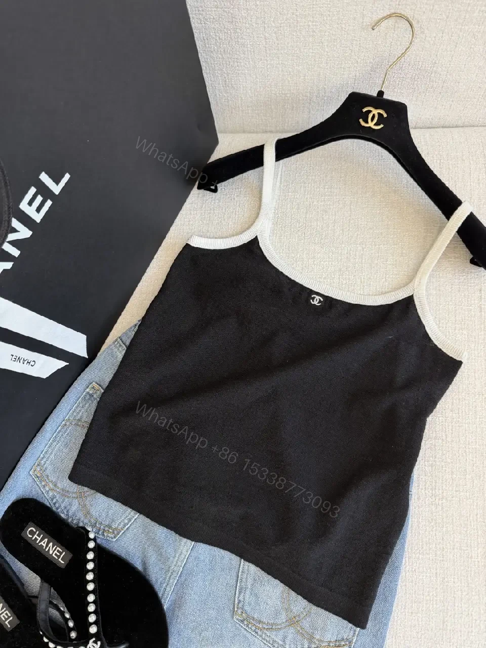 View 6 of Black Top with White Trim Sleeveless Camisole - Chanel Logo Detail