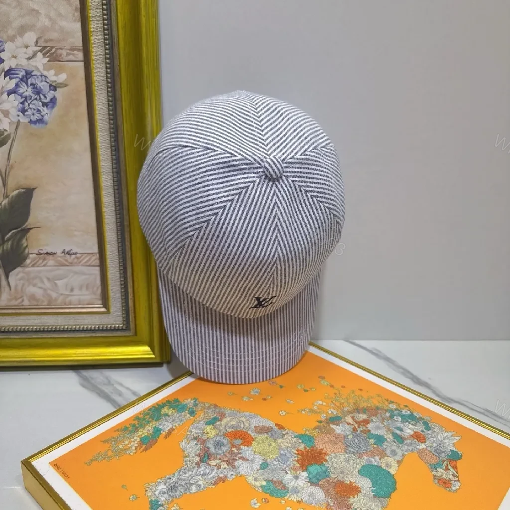 View 3 of Striped Linen-Look Cap with Subtle Monogram Motif