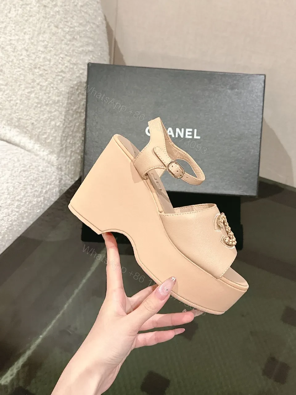 View 5 of Soft Pink Platform Sandals with Signature Emblem Themed Leather
