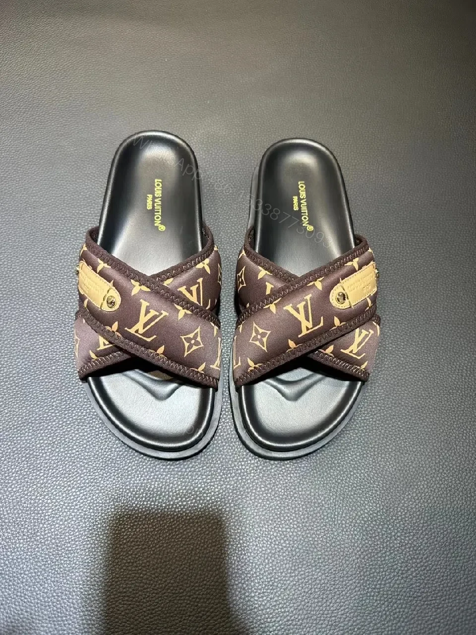 Brown LV-Inspired Cross-Strap Slides, Premium Comfort — view 1