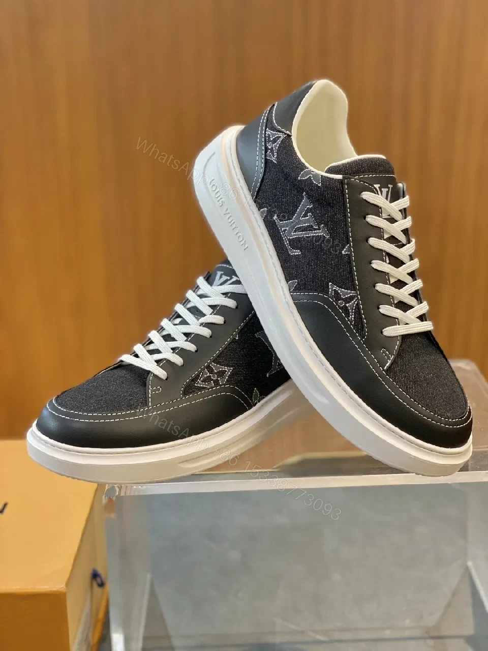 View 4 of Denim Monogram High-Top Sneaker: Subtle Luxe Comfort