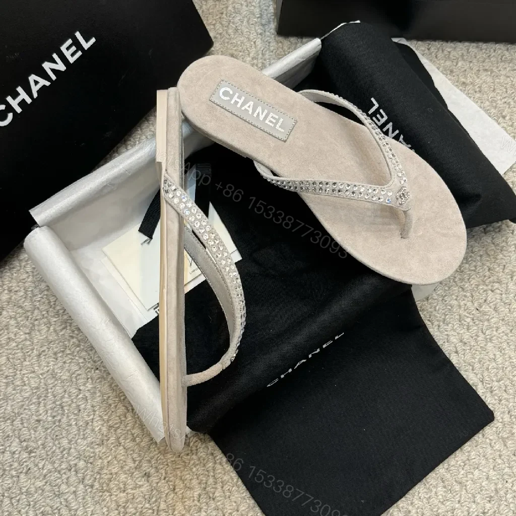 View 7 of Sand Beige Crystal-Embellished Chanel-Style Flip-Flops - All-Day Glam
