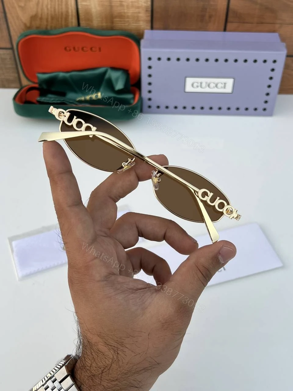 View 4 of First Copy Gucci 32827 Gold Brown Luxury Designer Sunglasses Premium UV Protection Eyewear