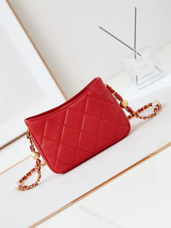 View 7 of Red Quilted Crossbody with Chain-Detail Strap - Luxe Compact Bag