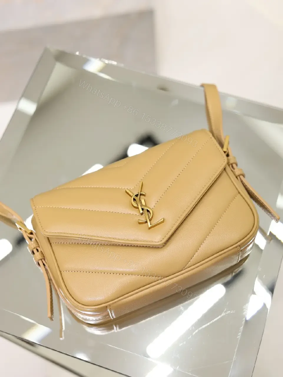 View 7 of Beige Leather Crossbody Bag Flap Chevron Stitching