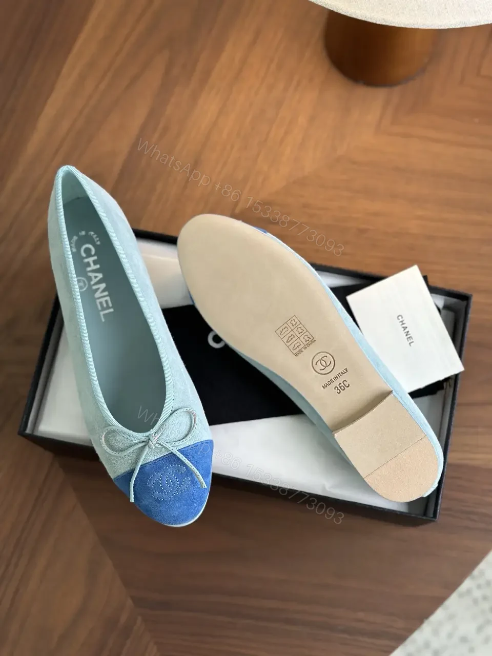View 7 of Grey leather ballet flats with blue cap-toe and bow, luxury everyday wear
