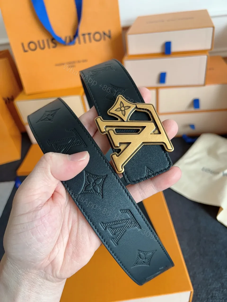 View 2 of Lux Black Leather Belt with LV Monogram & Silver Buckle