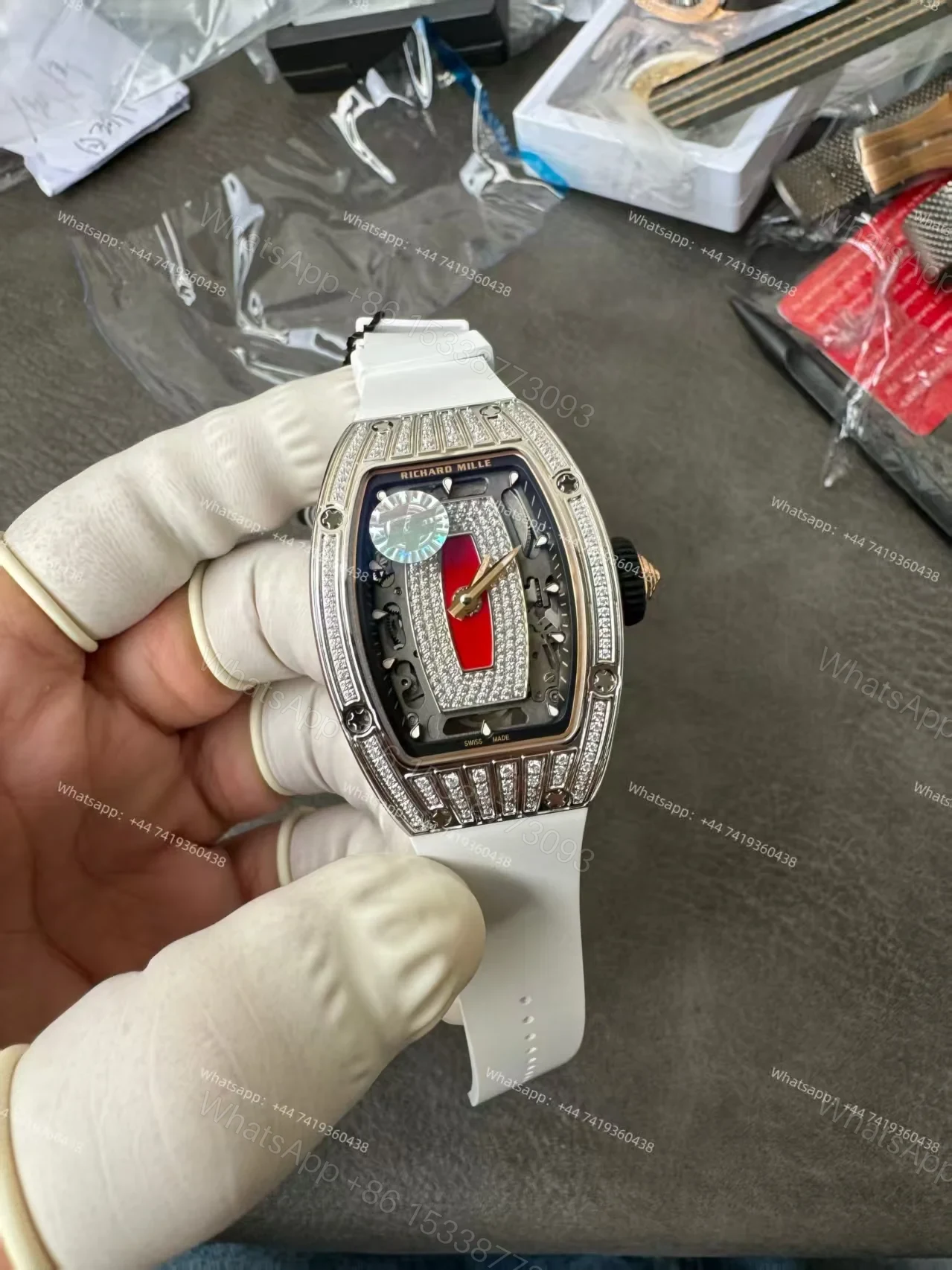 View 3 of Super Clone Richard Mille RM 07 Full Diamond 1:1 Replica Watch with White Rubber Strap