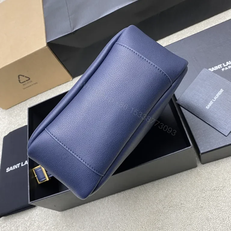 View 8 of Navy Leather Shoulder Bag: Structured Luxe with Gold-YSL Hardware