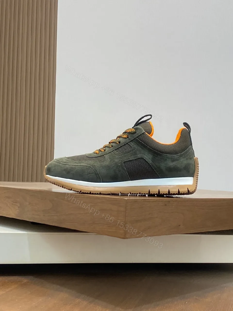 View 6 of Dark Olive Suede & Mesh Sneakers – Low-Profile Chevré Neon Accent