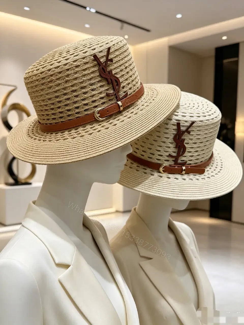 View 4 of Natural Straw Fedora Hat Leather Strap YSL Emblem
