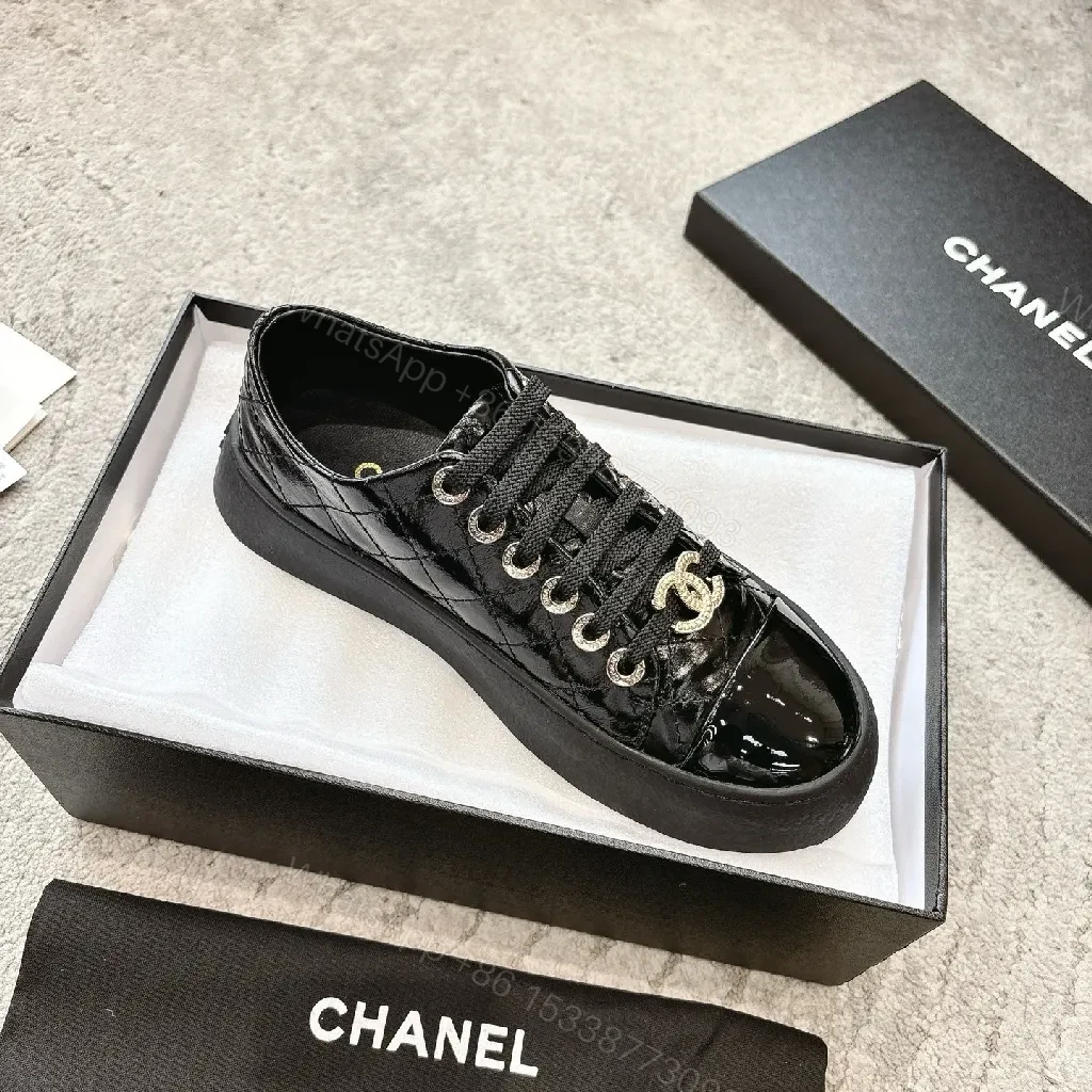 View 8 of Glossy Patent Leather Low-Tops with Gold Logo Hardware Sneakers