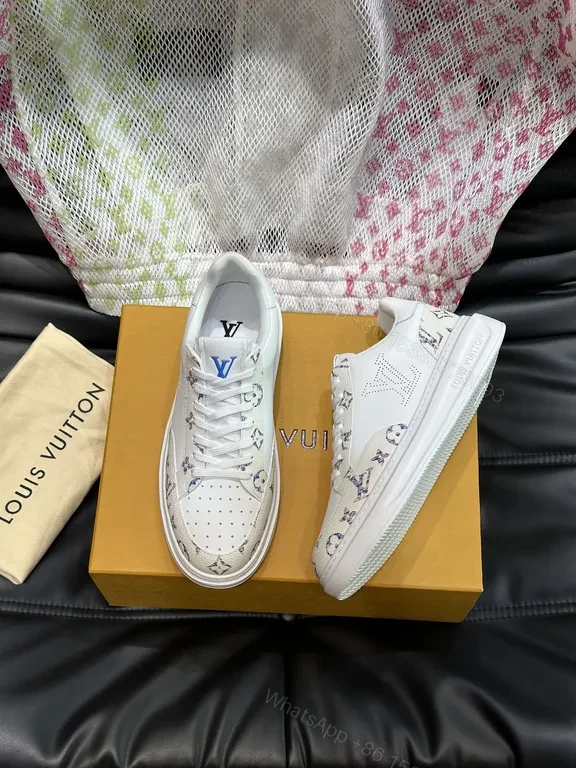View 6 of Louis Vuitton-Style White Leather Sneakers with Signature Details