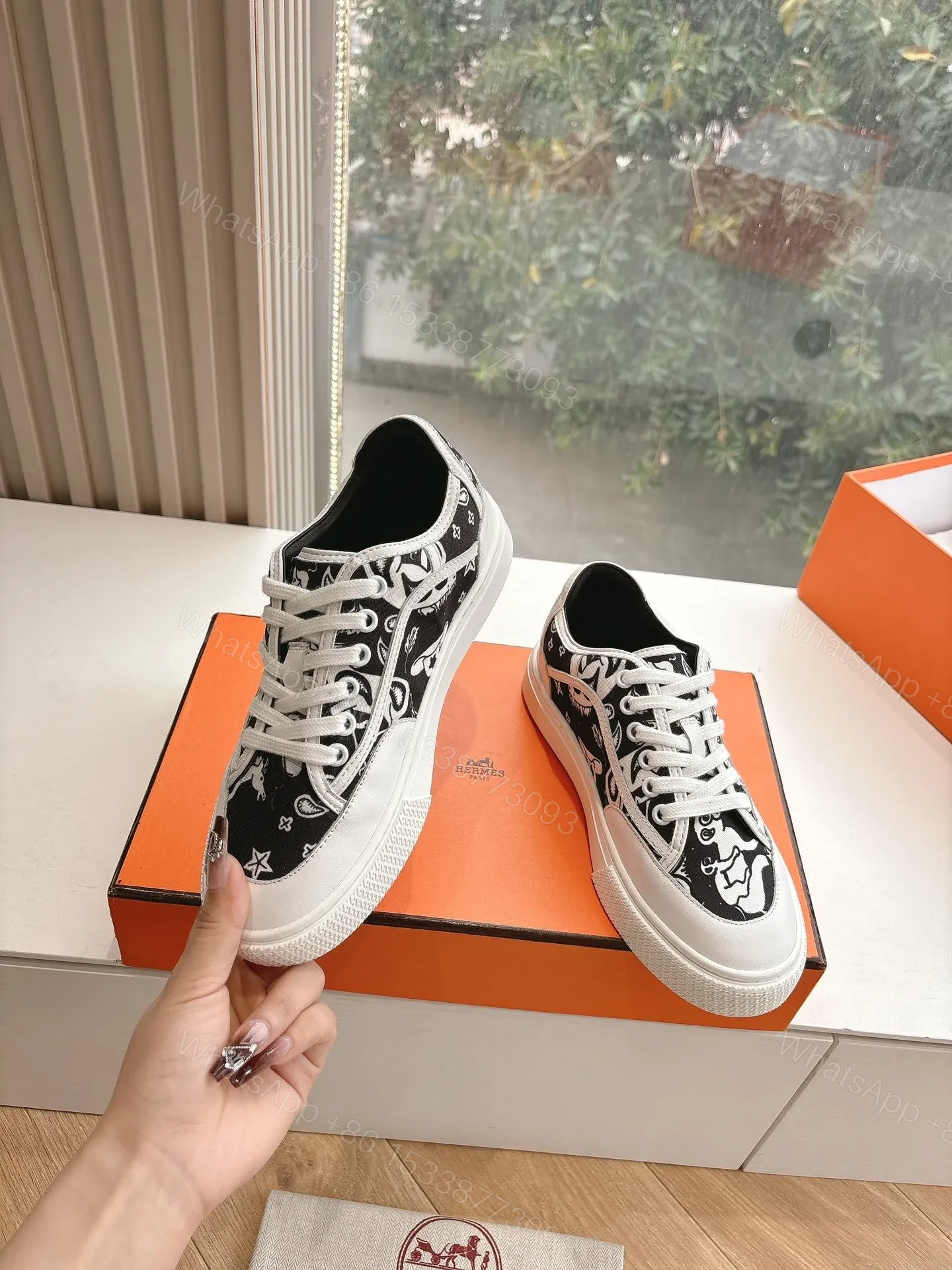 View 6 of Hermes Women Black White Canvas Sneakers