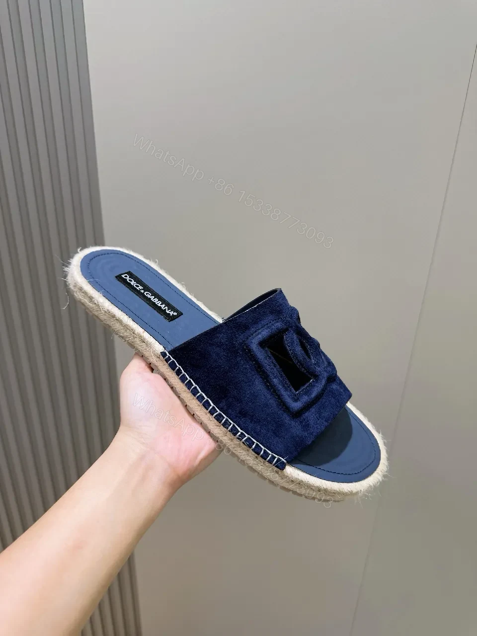 View 5 of Navy Suede Espadrille Sandals - Luxe Couture Motif Slip-On