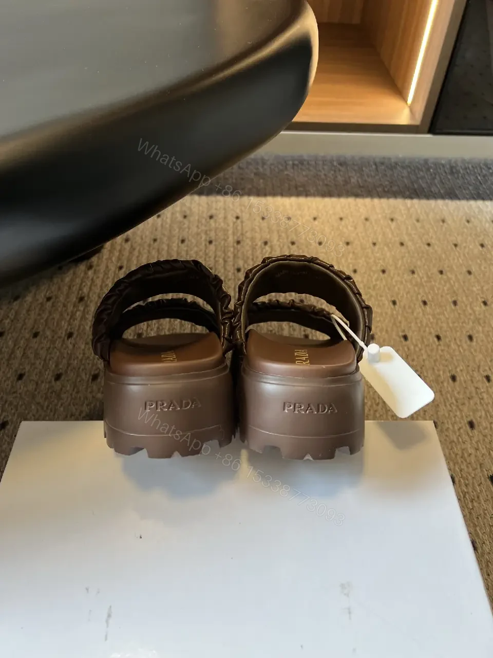 View 7 of Brown Leather Slid​ers Padded Ruched Casual Metro Logo Slides