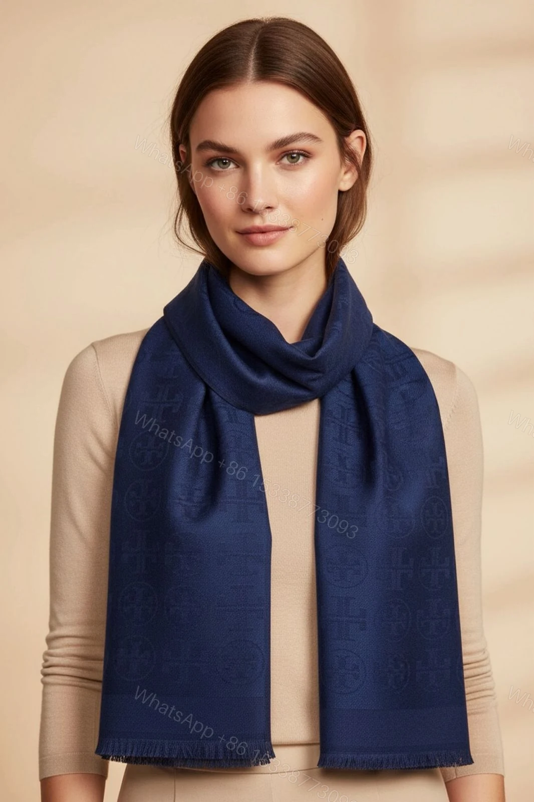 View 7 of First Copy Tory Burch Off-White Semi-Woollen Winter Stole for Women