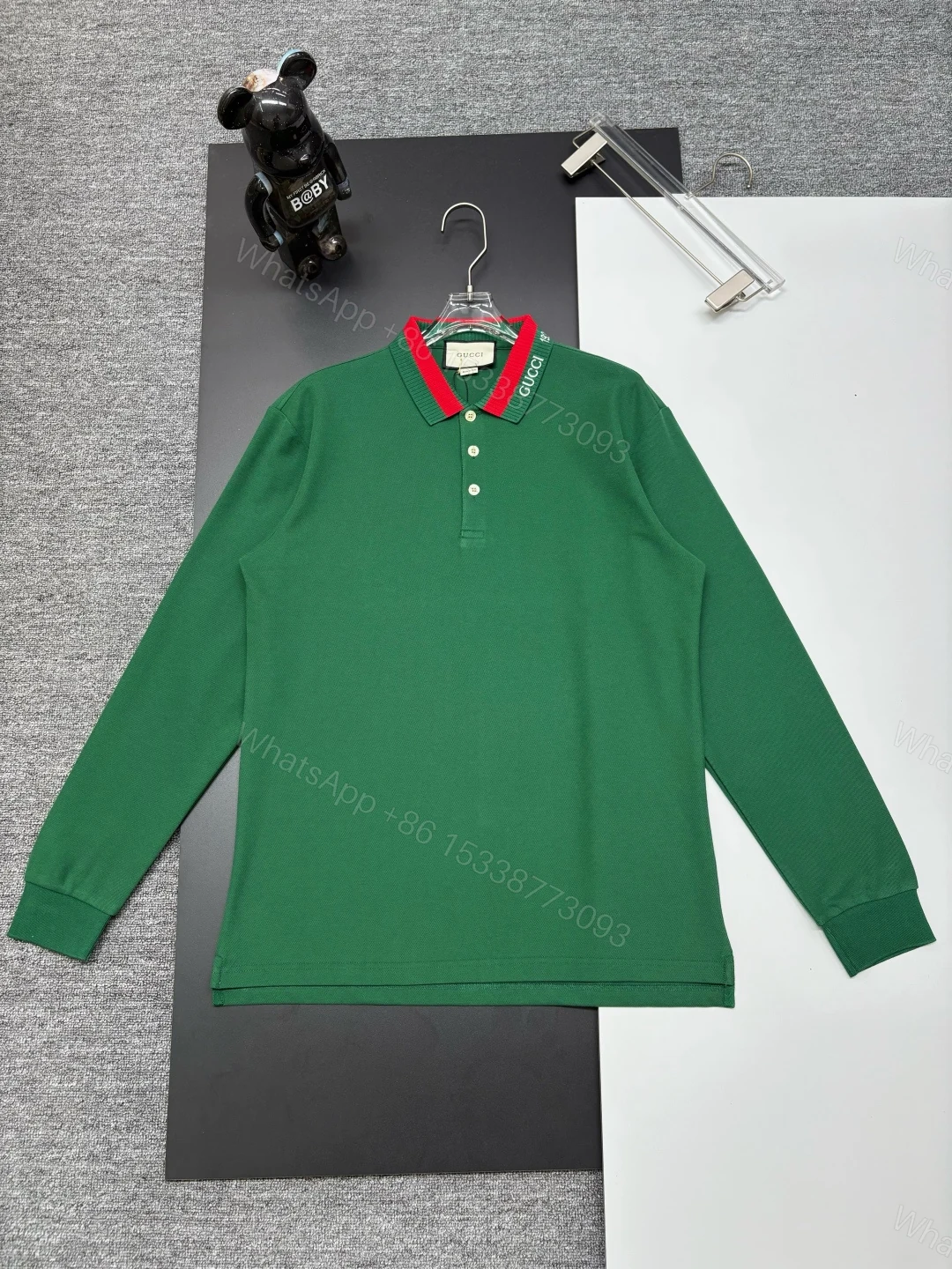Gucci高仿綠色長袖POLO衫 品牌刺繡紅綠織帶領設計 — view 1
