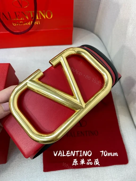 View 5 of Bold Red Belt with Gold V Buckle - Valentino Garavani 70mm Leather Belt
