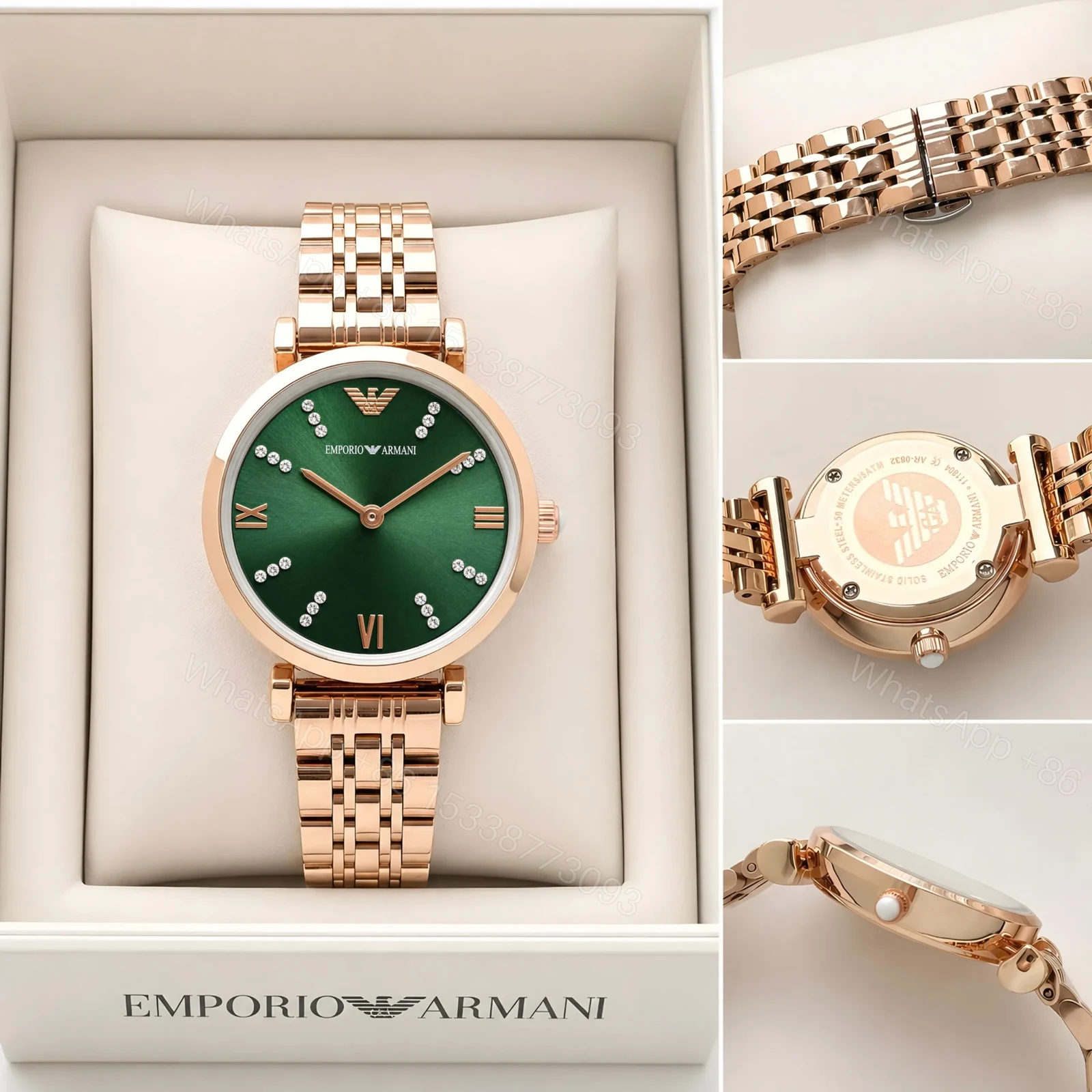 View 3 of Emporio Armani Slim Rose Gold Green Diamond Dial