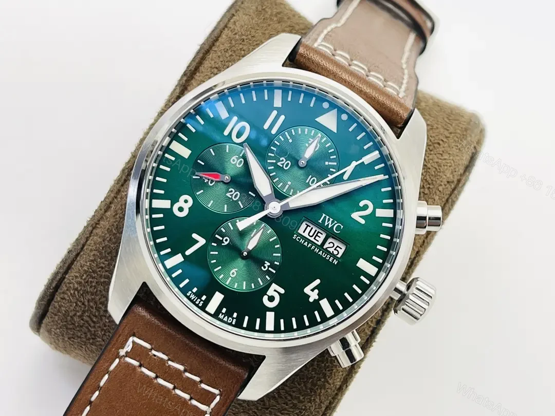 View 3 of IWC Green Brown Pilot Chronograph Green Dial Leather Strap Ultimate 43MM IWC-PILOT-CHR-GRN43-L