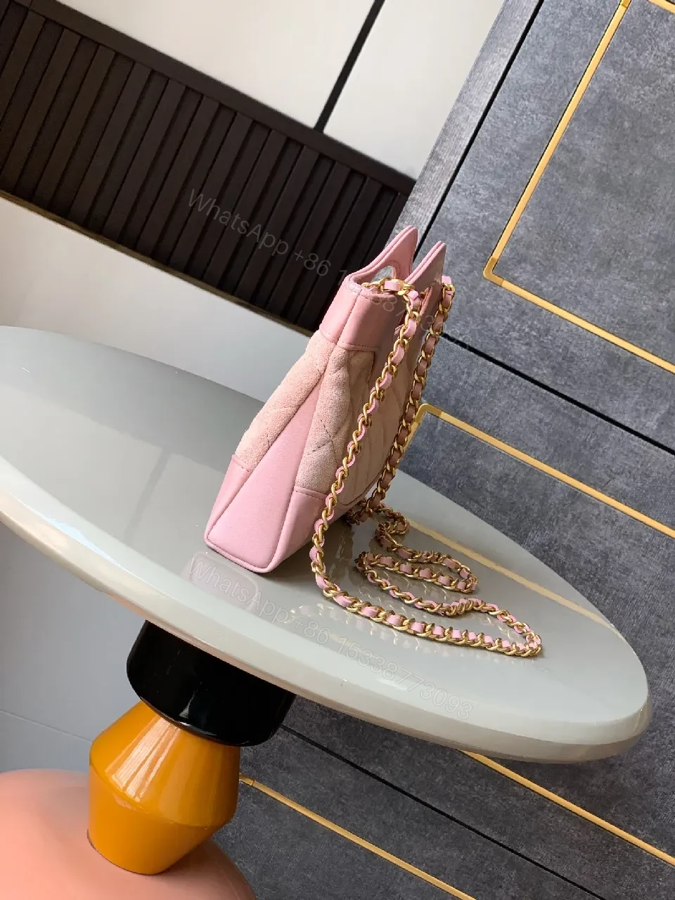 View 5 of Soft Pink Velvet-Trim Quilted Mini Satchel