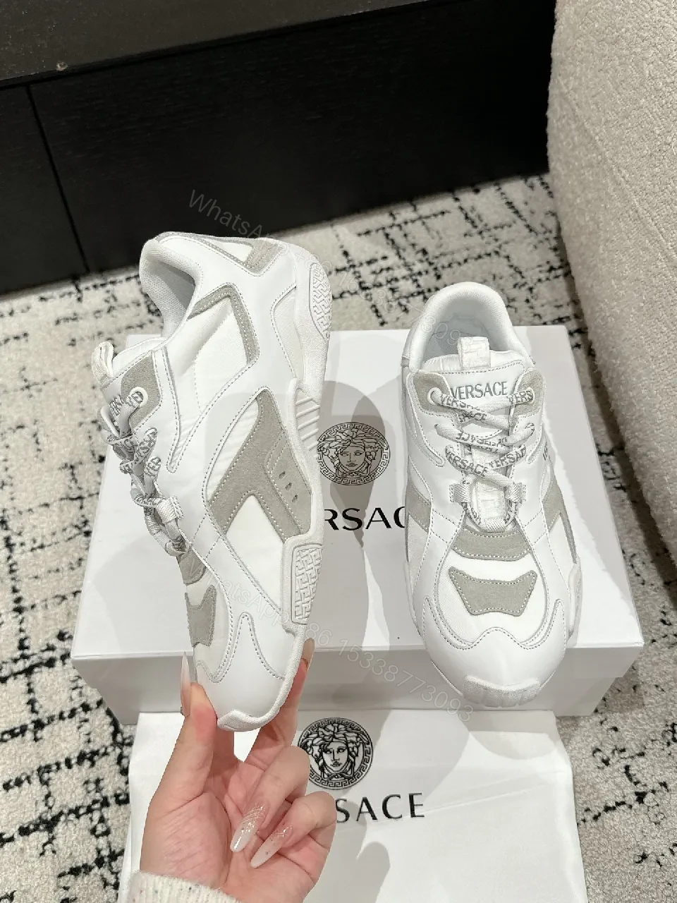 View 4 of Chunky White Trainer with Subtle Graphite Accents: Everyday Luxury Sneaker