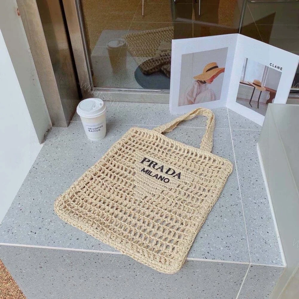 View 4 of Prada Natural Logo Crochet Tote Bag