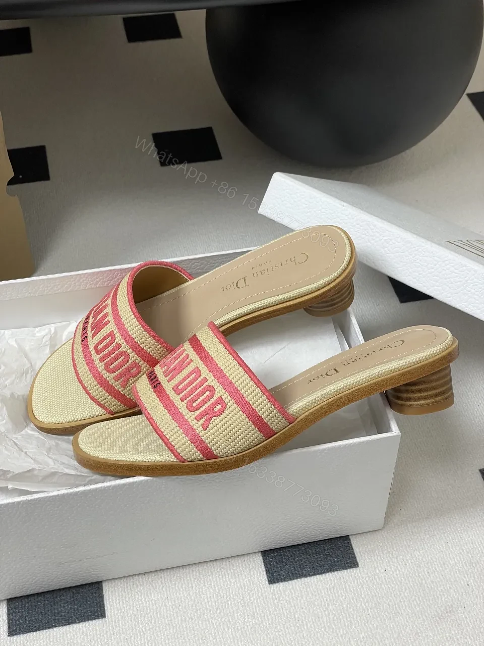 Raffia Mules: Logo Stripe, Open-Toe, Wooden Heel, Summer chic — view 1