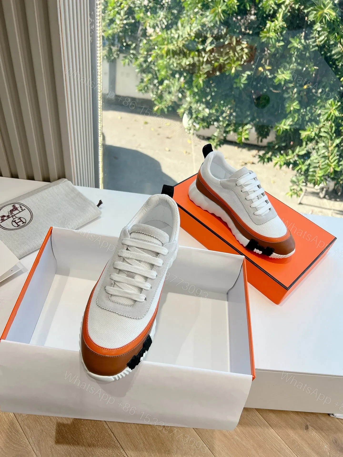 View 5 of Hermes Women White Brown Leather Mesh Sneakers