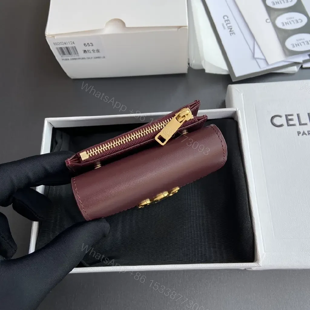 View 5 of Burgundy Leather Wallet with Gold Clasp - Compact Elegance