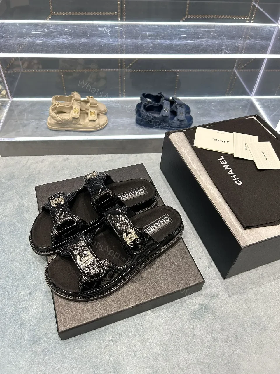 View 6 of Black Crystal-Accent Sandals with Comfort Footbed, Patent Straps, Versatile Style