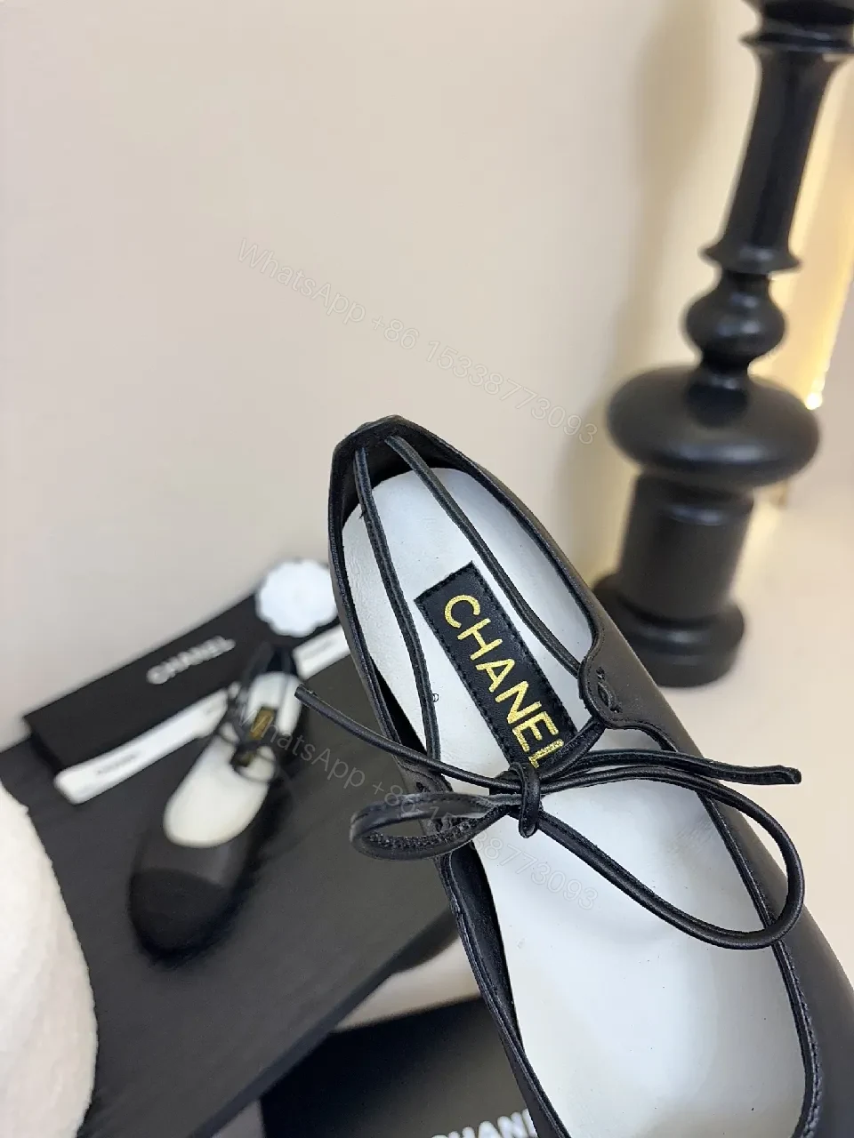 View 6 of Chic Black Leather Ballet Flats with Subtle Logo Detailing