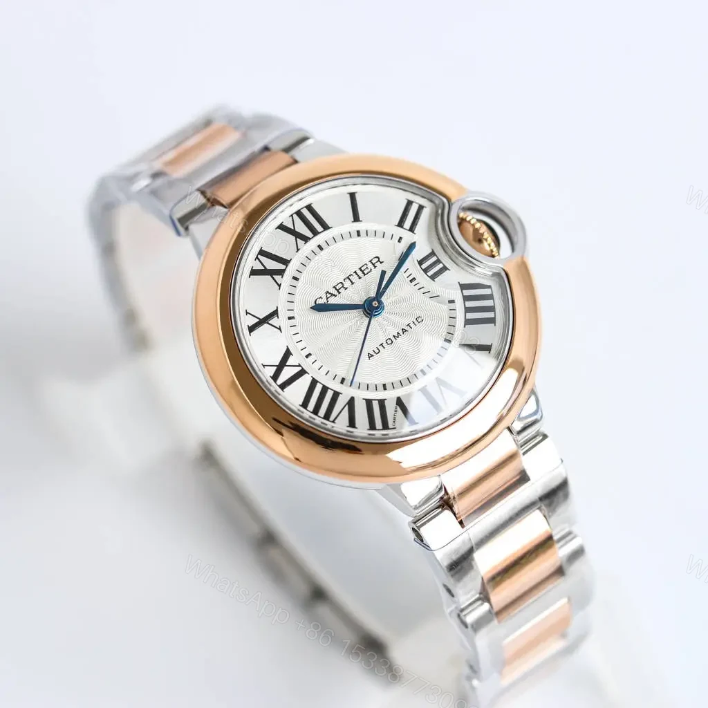 View 2 of JF Factory Cartier Ballon Bleu Automatic Watch – Rose Gold and Stainless Steel, Dark Yellow Dial, Roman Numerals, Blue Hands, 10mm Thick, Quick Release Leather Strap, Model 845565xx3489