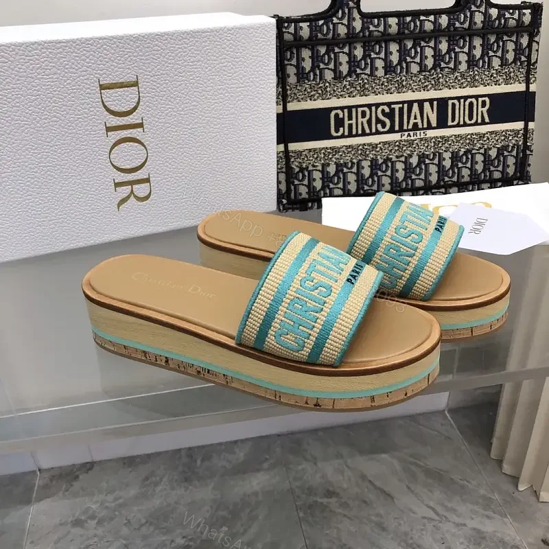 Turquoise Canvas Striped Platform Sandals with Christian Dior Print — view 1
