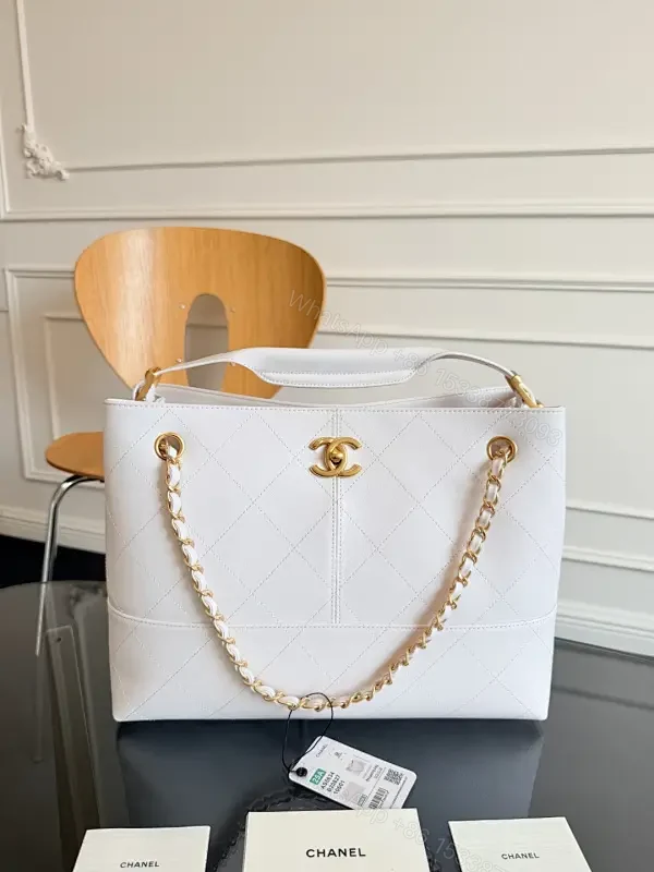 White Quilted Tote with Gold Chain - Structured, Luxe Classic — view 1