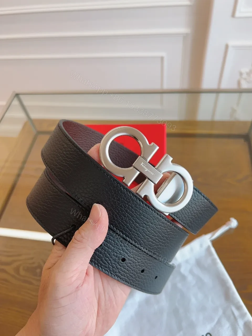 View 4 of Polished Leather Belt with Double-Gancini – Luxe Everydaywear