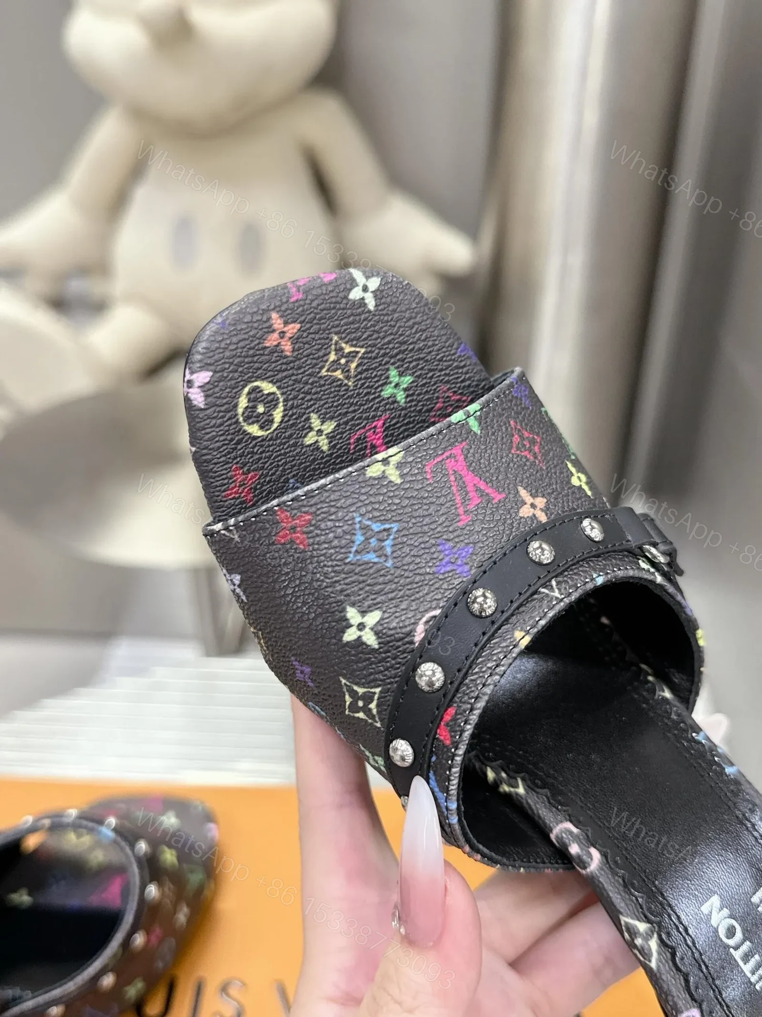 View 2 of LV Women Black Leather Multicolor Logo Mules