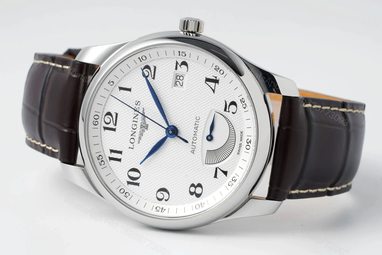 View 4 of Longines Master Collection Automatic Watch Silver Dial Blue Hands Brown Leather Strap