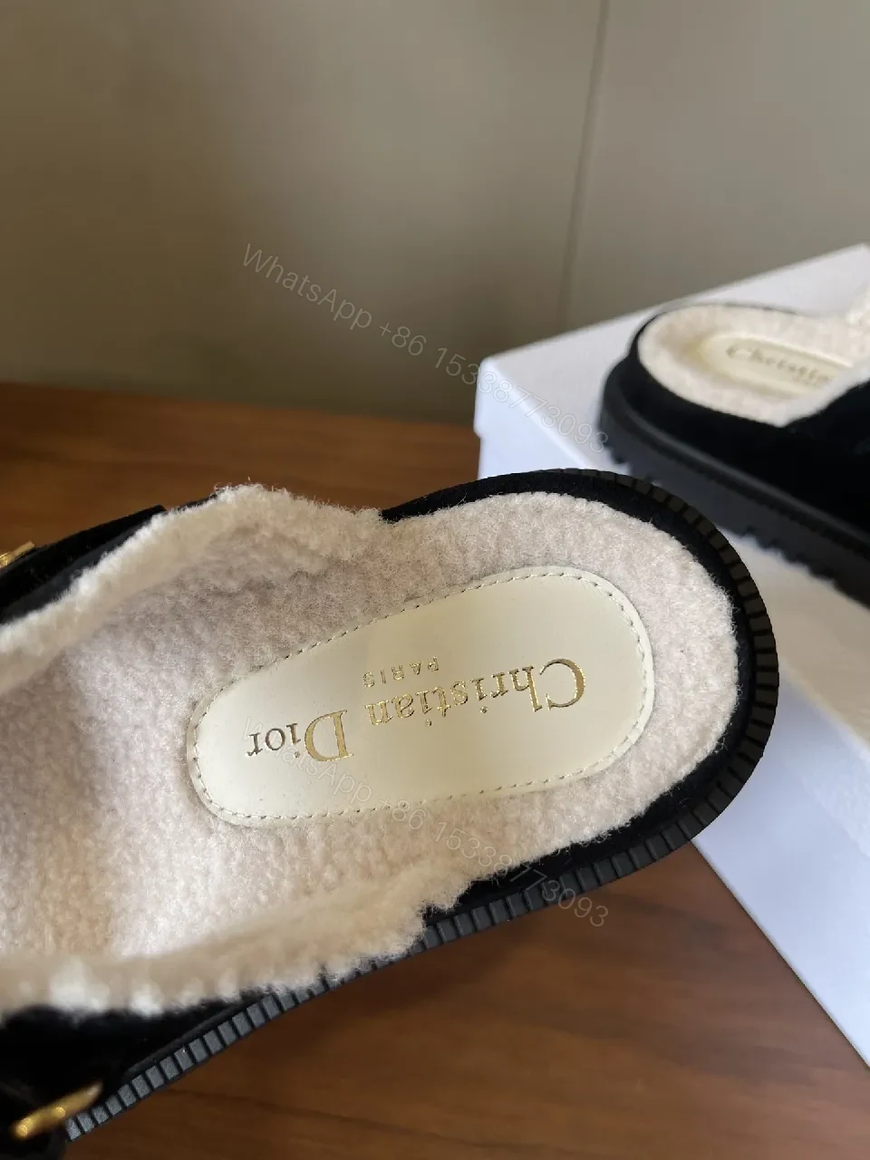 View 8 of Black/Sherpa-Textured Slides with Velcro Strap & Durable Outsole