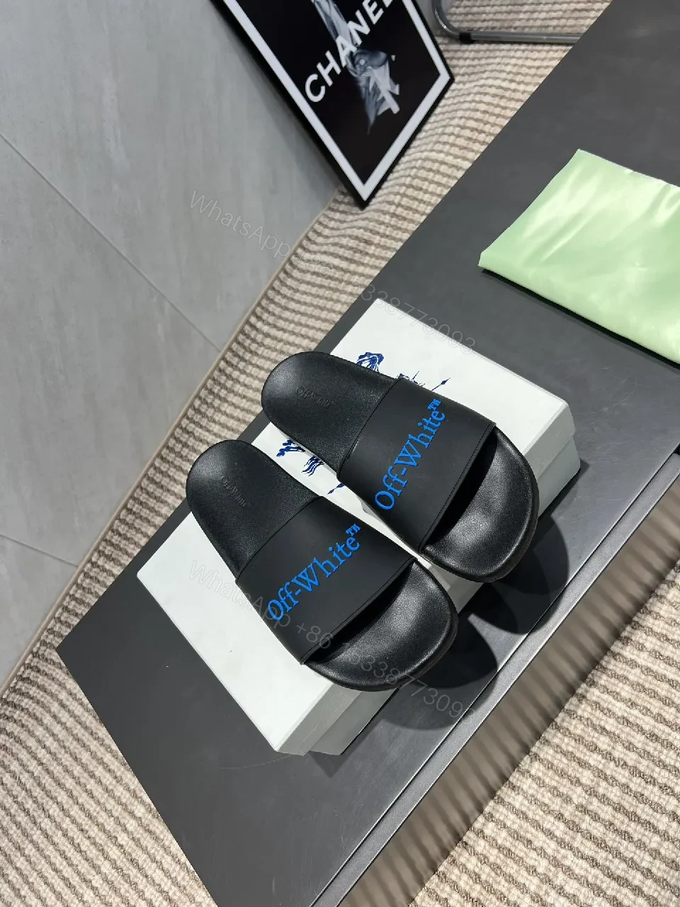 View 8 of Black Synthetic Slides | EVA Comfort | Minimal Luxe Edge + Blue Logo